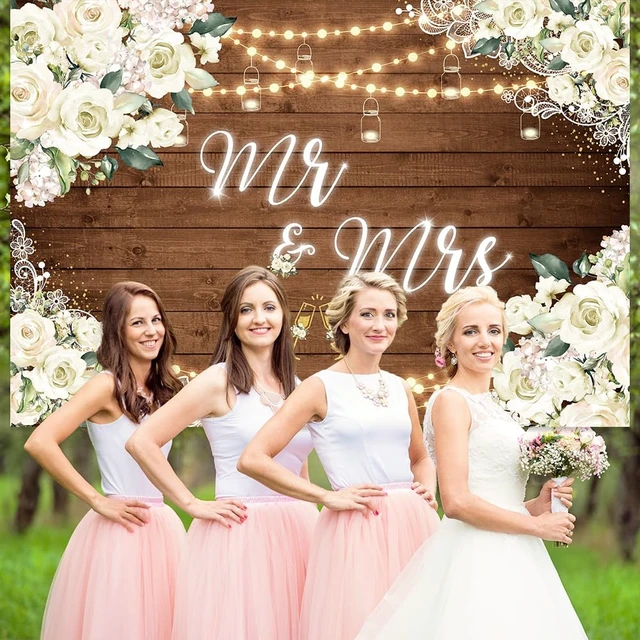 Alt view image 6 of 7 - 8x6ft Mr and Mrs Bridal Shower Backdrop Wedding Decorations Rustic Wooden Floral Bride and Groom Background Bridal Shower Decorations Anniversary Photo Booth Banner