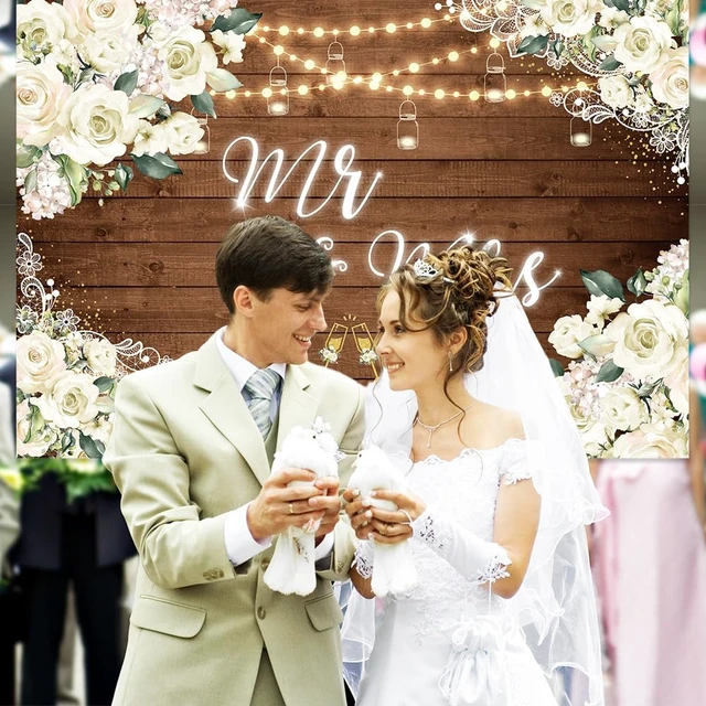 Alt view image 4 of 7 - 8x6ft Mr and Mrs Bridal Shower Backdrop Wedding Decorations Rustic Wooden Floral Bride and Groom Background Bridal Shower Decorations Anniversary Photo Booth Banner