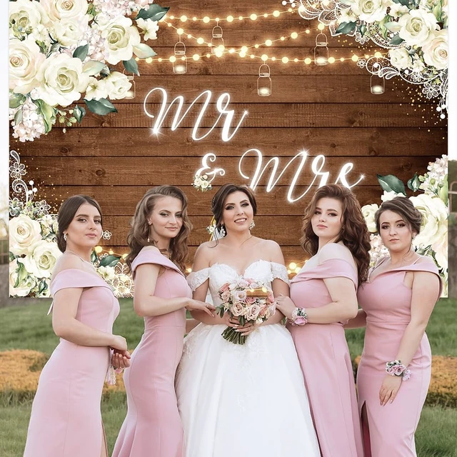 Alt view image 7 of 7 - 8x6ft Mr and Mrs Bridal Shower Backdrop Wedding Decorations Rustic Wooden Floral Bride and Groom Background Bridal Shower Decorations Anniversary Photo Booth Banner