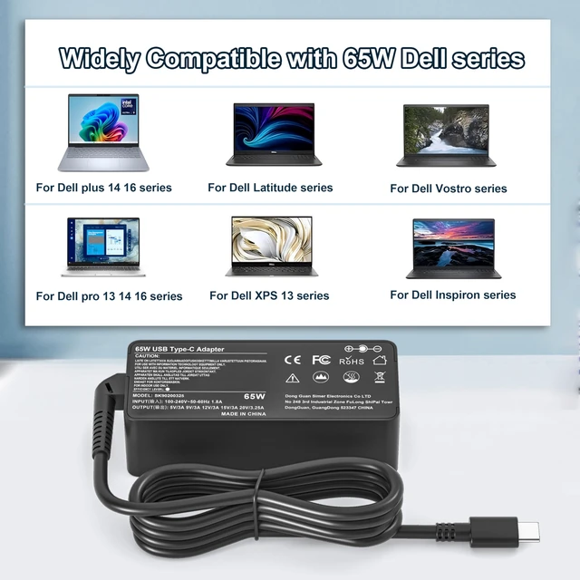 Alt view image 2 of 7 - 65W USB-C Laptop Charger for Dell Pro 13 14 16 Plus 2-in-1 Series DB04250 20V 3.25A Type-C Adapter for Dell DB14250 DB14255 Pro PB13250 PB13255 Premium PA13250 PC14250 PB14250 Rugged RA13250 RB14250