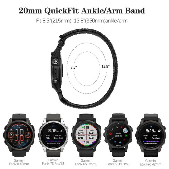 Alt view image 2 of 7 - 20mm QuickFit Sports Ankle/Arm Band Compatible with Garmin Fenix 8 43mm/7S/7S Pro/6S/6S Pro/5S/5S Plus, Soft Nylon Bicep Strap for Epix Pro 42mm/Descent Mk2s/Descent Mk3i 43mm Men and Women