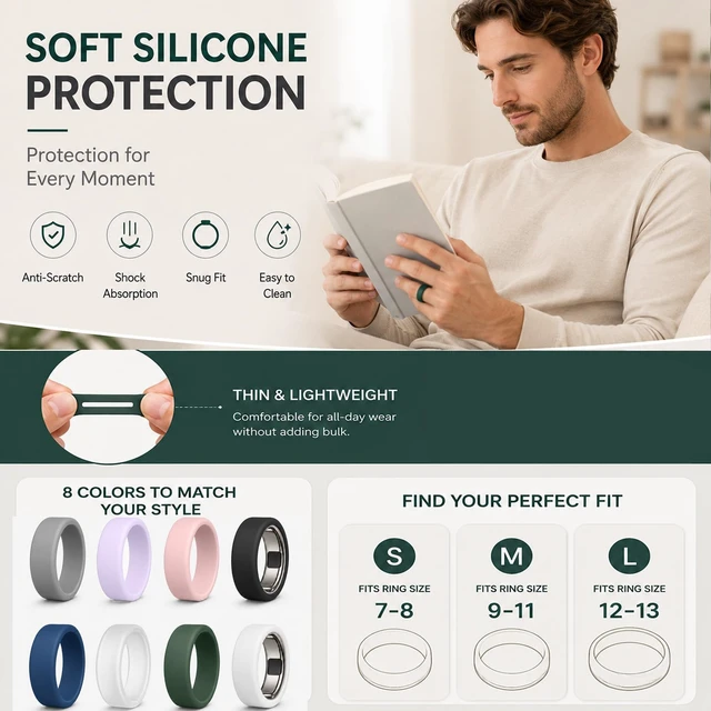 Alt view image 3 of 7 - 8Pack Ring Cover Compatible with Oura Ring 5,Silicone Protector 0.4mm Ultra-Thin, Anti-Scratch, Lightweight Ring Protector Case for Men and Women,Supports Charging-L for 12/13