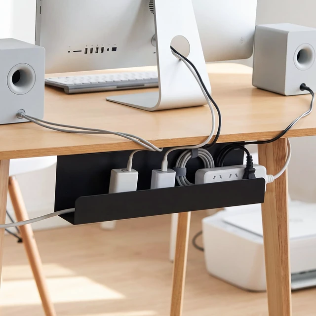 Alt view image 2 of 7 - 2 Pack Under Desk Cable Management Tray,Hold 11 lbs, 16 x 5 x 3 Inch, Black Heavy Duty Steel, Power Strip Holder, Cord Organizer, Cable Rack, Wire Management for Office Workspace, Reduces Desk Clutter