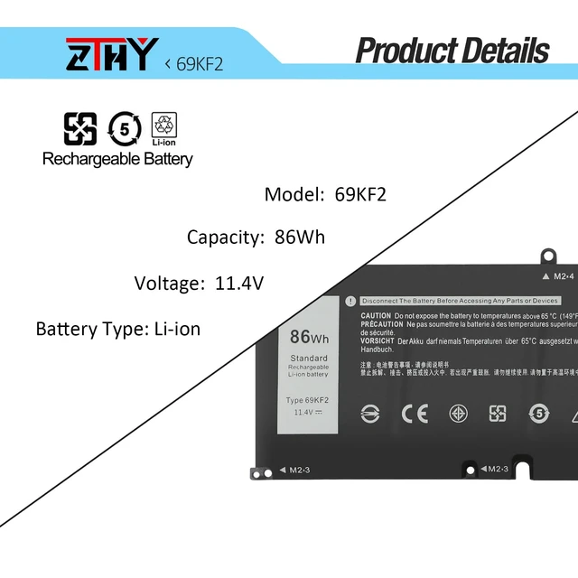 Alt view image 3 of 7 - 69KF2 Laptop Battery for Dell Alienware M15 R3 R4 R5 R6 R7 M16 R1 M17 R3 R4 G15 5510 5511 5520 5525 5530/G16 7620 7630/G7 15 7500 Precision 5550 5560 5570 Vostro 7510 7620 8FCTC 11.4V 86Wh