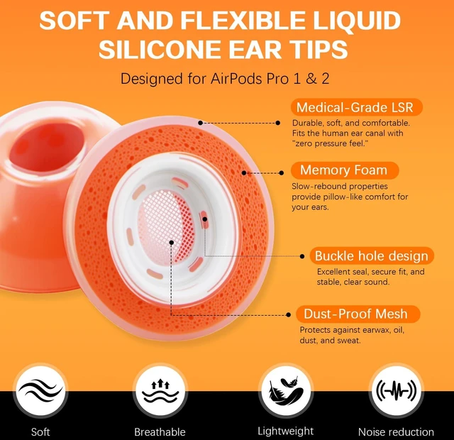 Alt view image 2 of 7 - Memory Foam Ear Tips for AirPods Pro 1st & 2nd Gen - Upgraded Liquid Silicone Rubber, Superior Noise Isolation, Secure Fit & Ultimate Comfort, Fits Charging Case, 1 Pair (Orange Small)