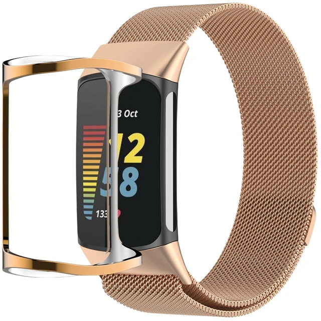 Main image of Bands with Case Compatible for Fitbit Charge 6/5, Metal Adjustable Braided Strap with Magnetic Clasp, Stainless Steel Mesh Loop TPU Bumper Cover for Men Women