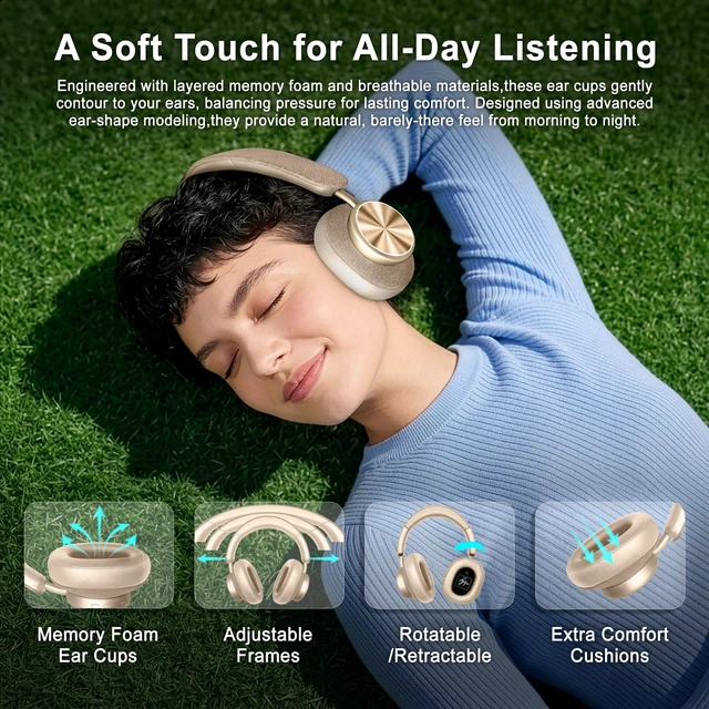 Alt view image 7 of 7 - LEXXON PRO Over Ear Headphones Wireless Bluetooth 5.3 Ultra Soft Comfort Cushion Headset with Mic, 12H Playtime, FM Radio, Micro SD TF Card, Swivel Design, Voice Assistant