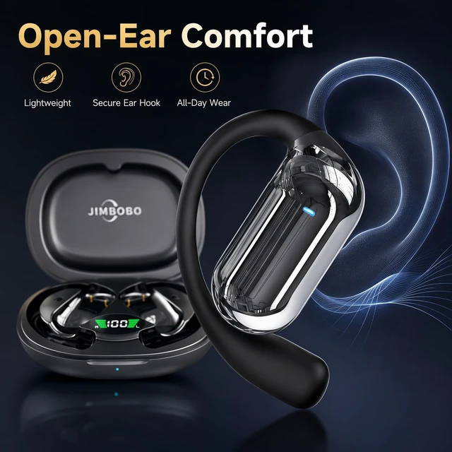 Alt view image 2 of 7 - Open Ear Headphone Bluetooth 5.4 Wireless Earphone Air Conduction Earbuds with Earhook Mic 50H Playtime LED Display Charging Case Comfort Sport Headset for Running, Fitness, Yoga, Work (Black)