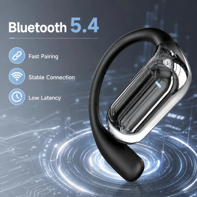 Alt view image 3 of 7 - Open Ear Headphone Bluetooth 5.4 Wireless Earphone Air Conduction Earbuds with Earhook Mic 50H Playtime LED Display Charging Case Comfort Sport Headset for Running, Fitness, Yoga, Work (Black)