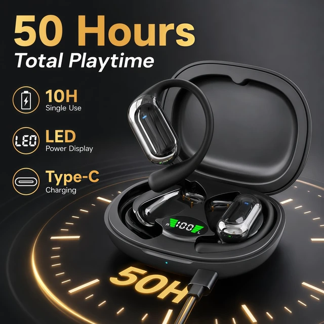 Alt view image 4 of 7 - Open Ear Headphone Bluetooth 5.4 Wireless Earphone Air Conduction Earbuds with Earhook Mic 50H Playtime LED Display Charging Case Comfort Sport Headset for Running, Fitness, Yoga, Work (Black)