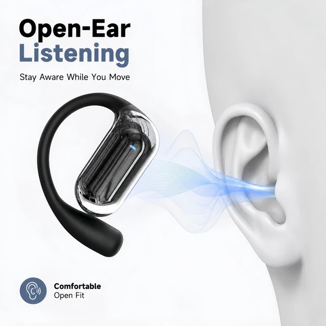 Alt view image 5 of 7 - Open Ear Headphone Bluetooth 5.4 Wireless Earphone Air Conduction Earbuds with Earhook Mic 50H Playtime LED Display Charging Case Comfort Sport Headset for Running, Fitness, Yoga, Work (Black)