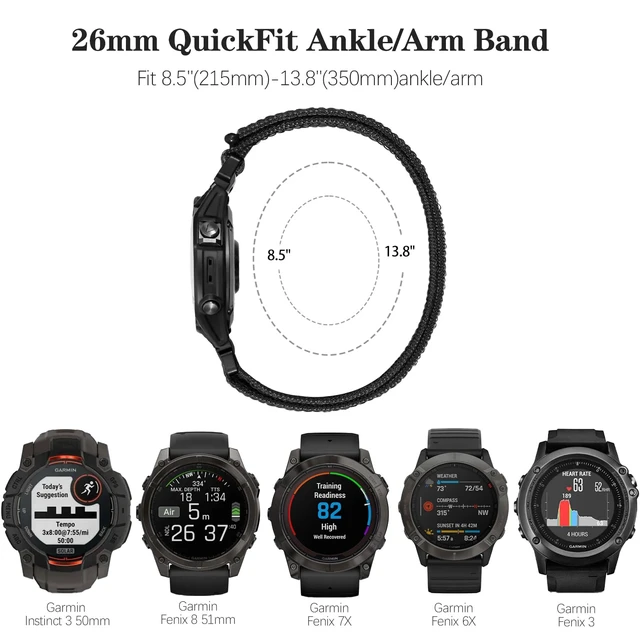 Alt view image 2 of 7 - 26mm QuickFit Sports Ankle/Arm Band Compatible with Garmin Fenix 8 51mm/7X/6X/6X Pro//5X/5X Plus/3/3 HR, Soft Nylon Bicep Strap for Instinct 3 50mm Band Men Women