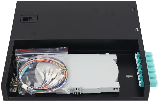 Main image of 12 Fiber Port LC OM3 Multimode Fiber Box Wall/Desktop Mount Kit with LC OM3 pigtails & couplers, Indoor FTTH/network distribution, Wall mount or desktop terminal Enclosure with splice trays