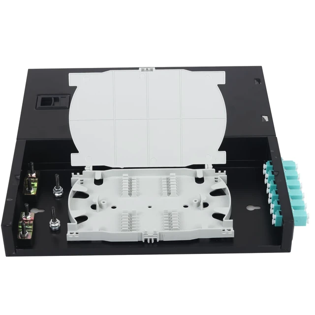 Alt view image 3 of 4 - 12 Fiber Port LC OM3 Multimode Fiber Box Wall/Desktop Mount Kit with LC OM3 pigtails & couplers, Indoor FTTH/network distribution, Wall mount or desktop terminal Enclosure with splice trays