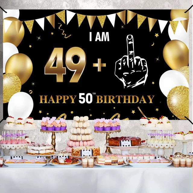 Alt view image 3 of 6 - 50th Birthday Decorations, Big Black Gold I Am 49+1 Banner Black Gold Happy 50th Birthday Anniversary Banner Backdrop Poster Sign, Fifty Years Photo Poster Sign Party Supplies