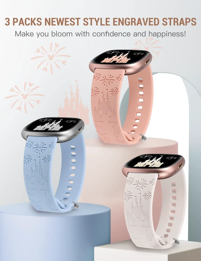 Alt view image 4 of 5 - 3 Pack Cartoon Engraved Band Compatible with Fitbit Versa 4 Bands/Fitbit Versa 3 Bands/Sense/Sense 2 Band Women, Cute Soft Silicone Replacement Bracelet Sport Designer Fancy Strap for Versa 4