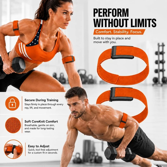 Alt view image 4 of 7 - 2 Pack CoreKnit Bicep Bands Compatible with WHOOP 5.0, Peak, MG & Life, Adjustable Quick-Dry Elastic Upper Arm Straps for Workout, Running & Fitness