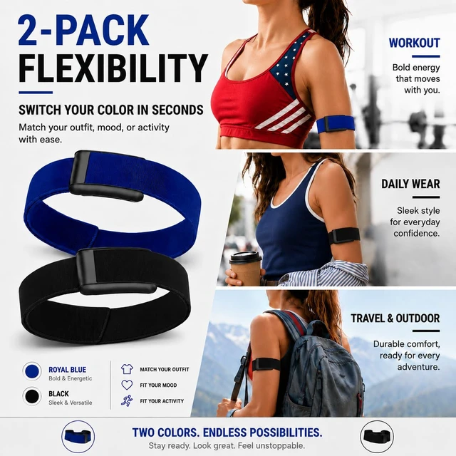 Alt view image 2 of 5 - 2 Pack CoreKnit Bicep Bands Compatible with WHOOP 5.0, Peak, MG & Life, Adjustable Quick-Dry Elastic Upper Arm Straps for Workout, Running & Fitness