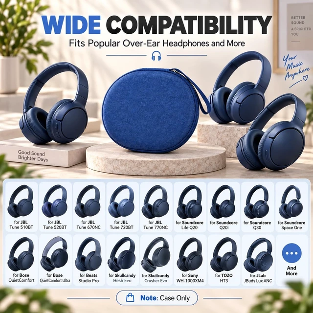 Alt view image 2 of 7 - Hard Headphone Case for JBL Tune 770NC 720BT 520BT 510BT 670NC Fits for JBL Live 770NC/670NC/680NC/780NC,Travel Case with Wave Foam & Soft Lining, Elastic Strap, Mesh Pocket,Blue