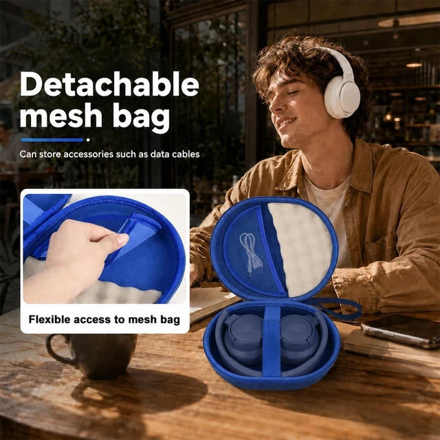 Alt view image 3 of 7 - Hard Headphone Case for JBL Tune 770NC 720BT 520BT 510BT 670NC Fits for JBL Live 770NC/670NC/680NC/780NC,Travel Case with Wave Foam & Soft Lining, Elastic Strap, Mesh Pocket,Blue