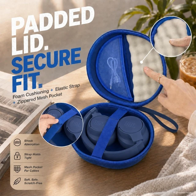 Alt view image 4 of 7 - Hard Headphone Case for JBL Tune 770NC 720BT 520BT 510BT 670NC Fits for JBL Live 770NC/670NC/680NC/780NC,Travel Case with Wave Foam & Soft Lining, Elastic Strap, Mesh Pocket,Blue