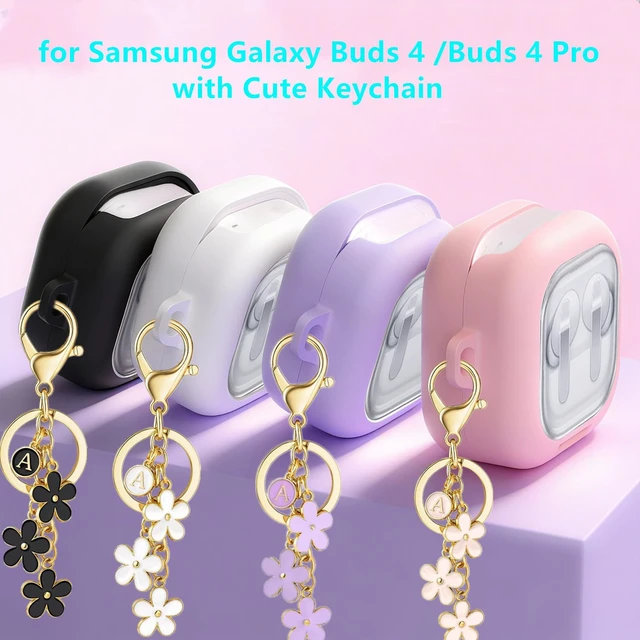 Alt view image 3 of 7 - for Samsung Galaxy Buds 4 / Galaxy Buds 4 Pro Case Lock with Cute Flower Keychain, Stylish TPU Hard Clear Case for Samsung Buds4 / Buds 4Pro Earbuds with Phone Stand Function for Women Men (White)