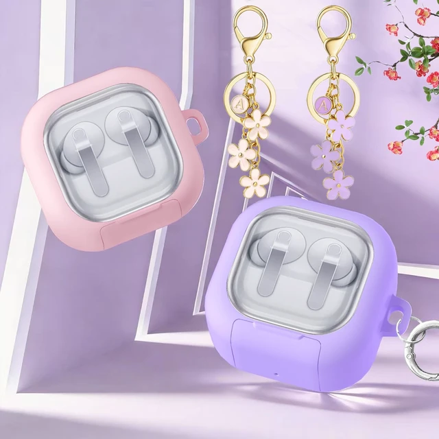 Alt view image 5 of 7 - for Samsung Galaxy Buds 4 / Galaxy Buds 4 Pro Case Lock with Cute Flower Keychain, Stylish TPU Hard Clear Case for Samsung Buds4 / Buds 4Pro Earbuds with Phone Stand Function for Women Men (White)