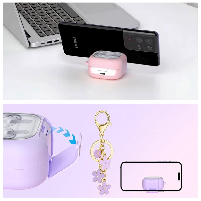 Alt view image 6 of 7 - for Samsung Galaxy Buds 4 / Galaxy Buds 4 Pro Case Lock with Cute Flower Keychain, Stylish TPU Hard Clear Case for Samsung Buds4 / Buds 4Pro Earbuds with Phone Stand Function for Women Men (White)