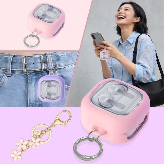 Alt view image 7 of 7 - for Samsung Galaxy Buds 4 / Galaxy Buds 4 Pro Case Lock with Cute Flower Keychain, Stylish TPU Hard Clear Case for Samsung Buds4 / Buds 4Pro Earbuds with Phone Stand Function for Women Men (White)