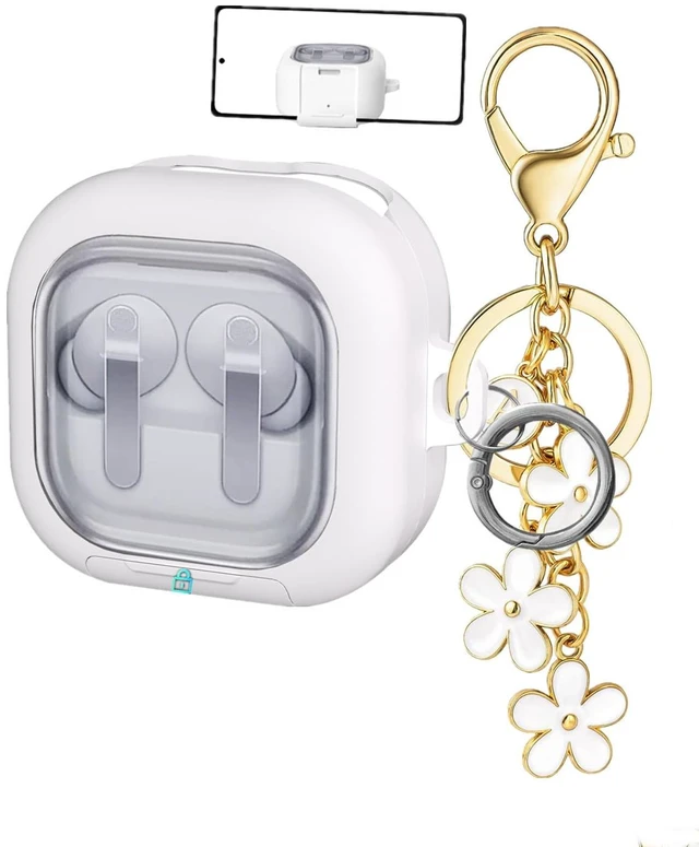 Main image of for Samsung Galaxy Buds 4 / Galaxy Buds 4 Pro Case Lock with Cute Flower Keychain, Stylish TPU Hard Clear Case for Samsung Buds4 / Buds 4Pro Earbuds with Phone Stand Function for Women Men (White)
