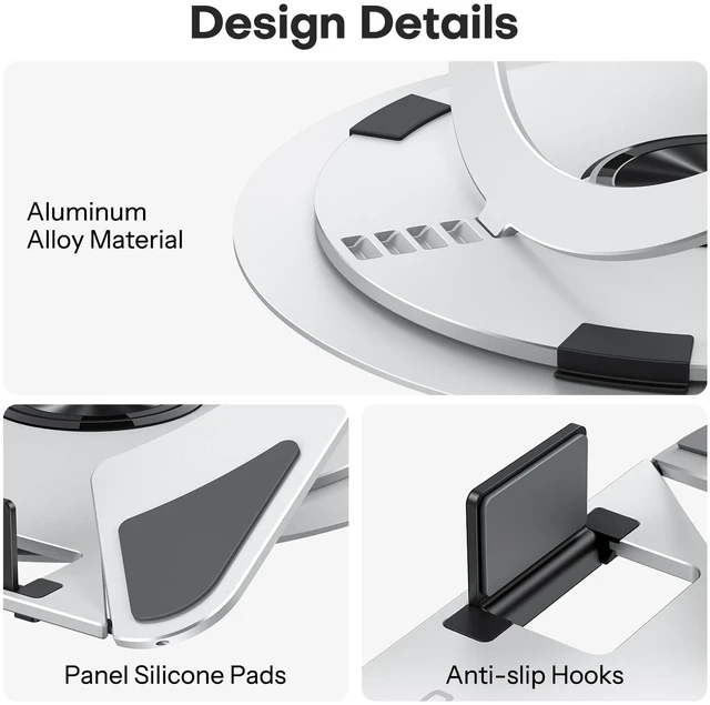 Alt view image 4 of 7 - Portable Laptop Stand for Desk, Ergonomic Computer Stand with 360° Rotating Base, 5-Level Adjustable Aluminum Foldable Mount, Compatible for 10-15.6" Laptops