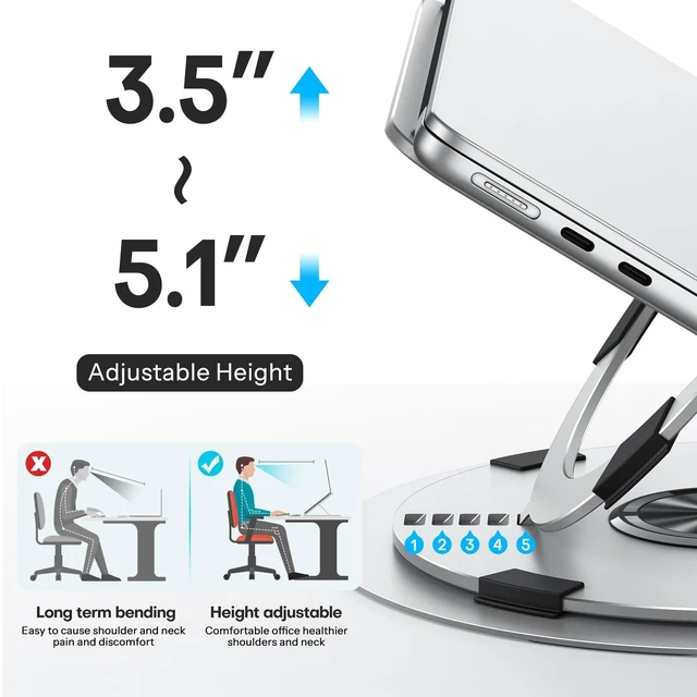 Alt view image 3 of 7 - Portable Laptop Stand for Desk, Ergonomic Computer Stand with 360° Rotating Base, 5-Level Adjustable Aluminum Foldable Mount, Compatible for 10-15.6" Laptops