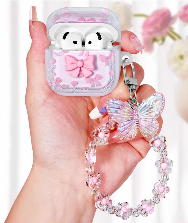 Main image of Boaretiu for AirPods 5th/4th Case with Keychain, Pink Bow for Women Girls Girly Cute Kawaii Girlish Stylish Shell Design Cover with Carabiner and Kaychain