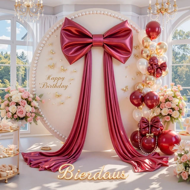 Alt view image 3 of 7 - Big Burgundy Bow Birthday Party Decorations, Giant Burgundy Bow Backdrop Drapery with Long Streamers Large Satin Bow Decor for Wedding Wall Bridal Shower Baby Shower Photo Booth Christmas