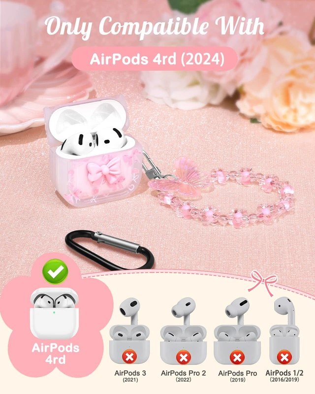 Alt view image 2 of 7 - Boaretiu for AirPods 5th/4th Case with Keychain, Pink Bow for Women Girls Girly Cute Kawaii Girlish Stylish Shell Design Cover with Carabiner and Kaychain