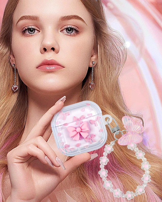 Alt view image 3 of 7 - Boaretiu for AirPods 5th/4th Case with Keychain, Pink Bow for Women Girls Girly Cute Kawaii Girlish Stylish Shell Design Cover with Carabiner and Kaychain