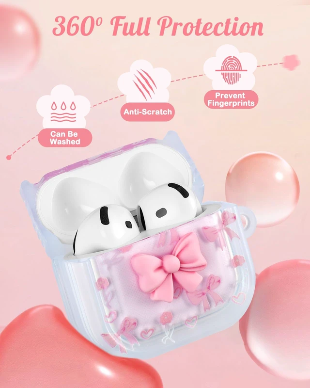 Alt view image 4 of 7 - Boaretiu for AirPods 5th/4th Case with Keychain, Pink Bow for Women Girls Girly Cute Kawaii Girlish Stylish Shell Design Cover with Carabiner and Kaychain
