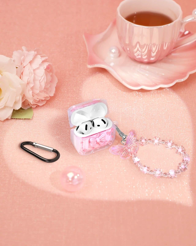Alt view image 5 of 7 - Boaretiu for AirPods 5th/4th Case with Keychain, Pink Bow for Women Girls Girly Cute Kawaii Girlish Stylish Shell Design Cover with Carabiner and Kaychain