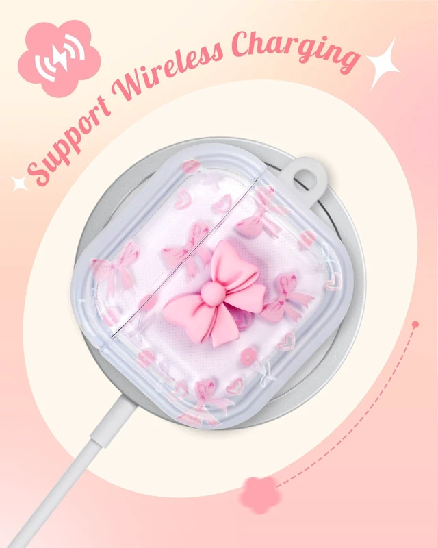 Alt view image 6 of 7 - Boaretiu for AirPods 5th/4th Case with Keychain, Pink Bow for Women Girls Girly Cute Kawaii Girlish Stylish Shell Design Cover with Carabiner and Kaychain