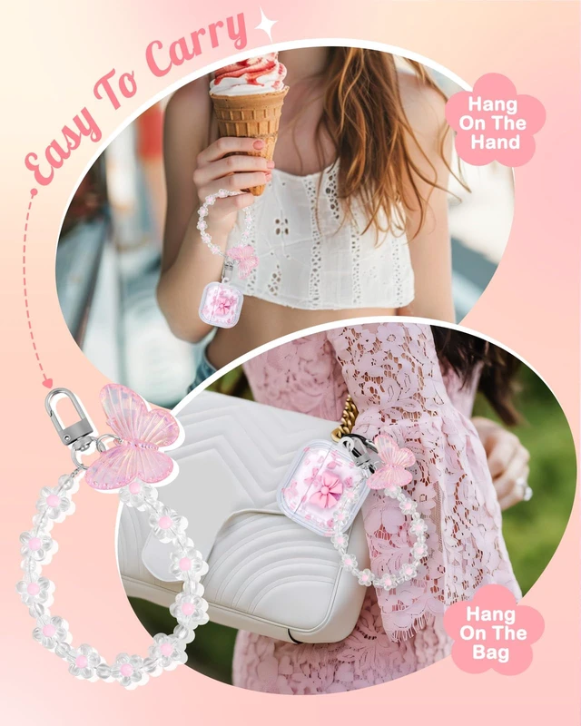 Alt view image 7 of 7 - Boaretiu for AirPods 5th/4th Case with Keychain, Pink Bow for Women Girls Girly Cute Kawaii Girlish Stylish Shell Design Cover with Carabiner and Kaychain