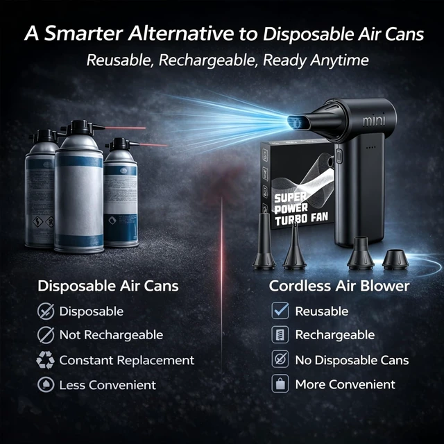 Alt view image 2 of 7 - Mini Cordless Air Duster High-Power Rechargeable Dust Cleaner Electric Mini jet fan Cleaning PC Camera Lens Keyboard Toys Home Outdoor Car Pet Shedding Hair 0.45 lb Lightweight 5 Nozzles