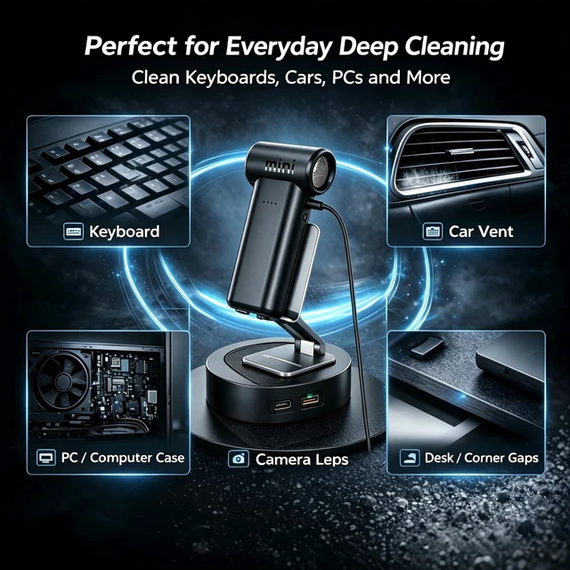 Alt view image 4 of 7 - Mini Cordless Air Duster High-Power Rechargeable Dust Cleaner Electric Mini jet fan Cleaning PC Camera Lens Keyboard Toys Home Outdoor Car Pet Shedding Hair 0.45 lb Lightweight 5 Nozzles