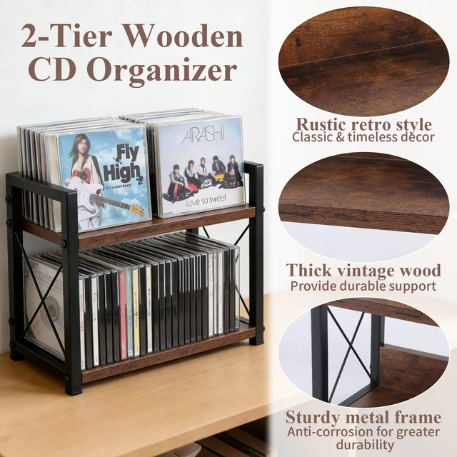 Alt view image 3 of 7 - 2-Tier CD Holder CD Storage Shelf for Display Countertop Wooden CD Rack with Display Top Shelf Organizer for Home Office Living Room Kitchen, Music Enthusiasts, Holds up to 42 Standard Cases