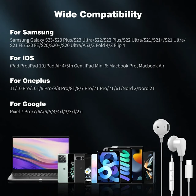 Alt view image 6 of 7 - USB C Headphones for Samsung Galaxy S26 Ultra S25 S24 FE S23 S22 S21 USB Type C Earphones with Mic Wired Earbuds for iPhone 17 18 Pro Max Noise Isolation Headsets for Samsung Tab S9 S10 Ultra