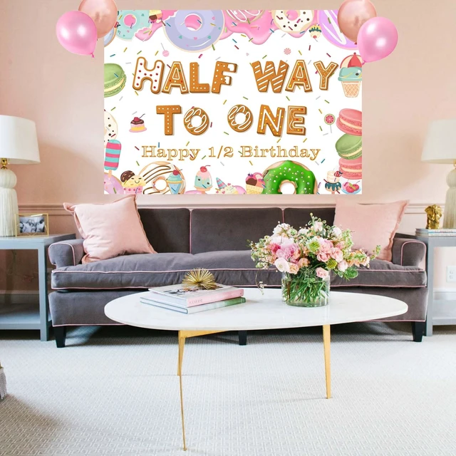 Alt view image 2 of 3 - Half Way to One Donut Happy 1/2th Birthday Banner Background, 1/2 Birthday Party First 6 Months Photography Backdrop Supplies for Half Anniversary Girls Boys(6ft×4ft)
