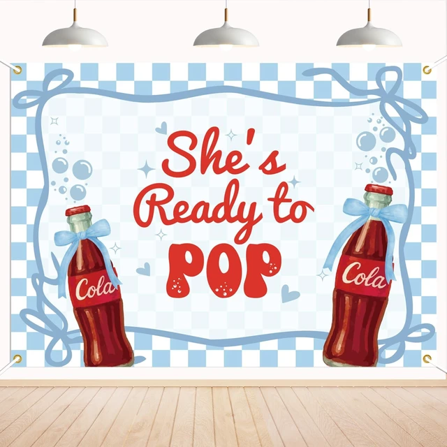 Main image of She's Ready to Pop Backdrop - Retro Soda Fountain Baby Shower Decor, Red Coquette Soda Theme Gender Reveal Party Decorations 7x5ft Blue