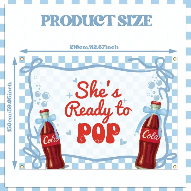 Alt view image 2 of 6 - She's Ready to Pop Backdrop - Retro Soda Fountain Baby Shower Decor, Red Coquette Soda Theme Gender Reveal Party Decorations 7x5ft Blue
