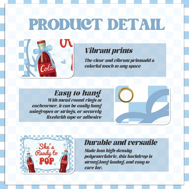 Alt view image 3 of 6 - She's Ready to Pop Backdrop - Retro Soda Fountain Baby Shower Decor, Red Coquette Soda Theme Gender Reveal Party Decorations 7x5ft Blue