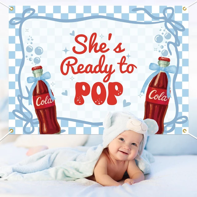 Alt view image 4 of 6 - She's Ready to Pop Backdrop - Retro Soda Fountain Baby Shower Decor, Red Coquette Soda Theme Gender Reveal Party Decorations 7x5ft Blue