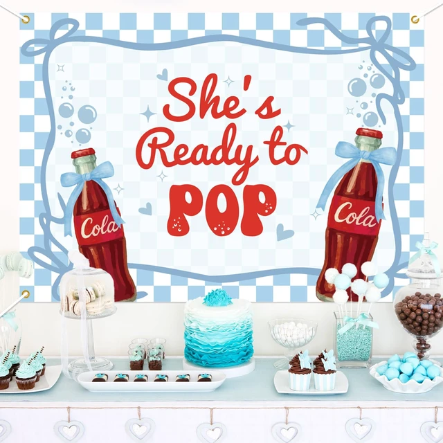 Alt view image 5 of 6 - She's Ready to Pop Backdrop - Retro Soda Fountain Baby Shower Decor, Red Coquette Soda Theme Gender Reveal Party Decorations 7x5ft Blue